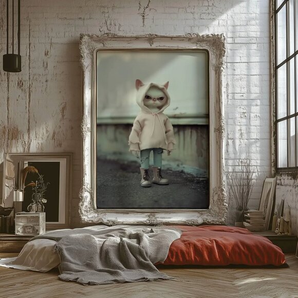 Original Cat with Hoodie Art Print + Digital Copy, Anthropomorphic Cat - Picture 5 of 10